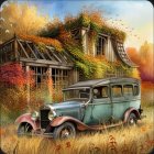 Vintage car and quaint house in autumn forest with falling leaves.