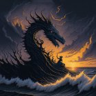 Majestic Dragon Emerges from Stormy Ocean Waves at Sunset