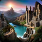 Fantasy landscape featuring castle, waterfall, river, mountains, colorful flora, and sunset sky