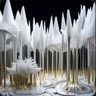 Fantastical landscape with white trees, golden accents, and crystalline structures