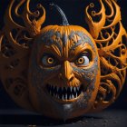 Intricately designed carved pumpkin with menacing face on dark background.