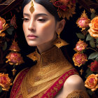 Stylish woman with gold jewelry and red bindi among roses on dark background