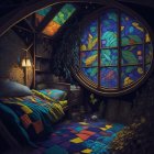 Colorful Bedroom with Stained Glass Window & Cozy Ambiance