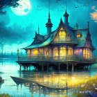 Ornate illuminated pavilion on stilts over calm water at twilight