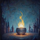 Digital art: Stylized flame in ornate bowl on blue patterned background