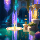 Fantasy garden with blue waterfalls, glowing flora, and classical fountains at twilight