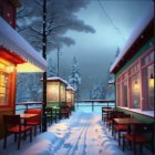 Snowy winter night scene with illuminated cabins, outdoor seating, footprints, pine trees, starry