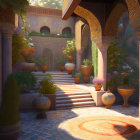 Sunlit courtyard with ornate arches, mosaic tiles, lush plants