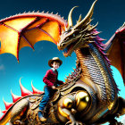 Young boy riding golden dragon in sky with birds - Illustration