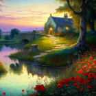 Thatched cottage by lake at sunset with stone bridge and red poppies