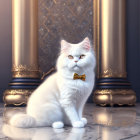 White Fluffy Cat with Red Eyes and Golden Bow Tie in Luxurious Room