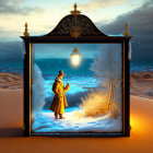 Person in Coat and Hat in Front of Snowy Portal and Desert at Dusk