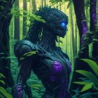 Colorful futuristic android in neon-lit forest with intricate headpiece