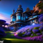 Enchanted twilight mansion with glowing gardens & whimsical trees