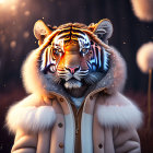 Striking-eyed tiger in cozy hooded jacket among dandelions in warm glow