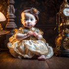 Vintage-inspired baby portrait with golden dress, antique phone, lamp, and decor.