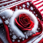 Red Rose Wrapped in Satin Ribbon Among Snowflakes on Striped Snowy Background