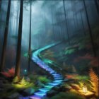 Enchanted forest with tall trees, glowing staircase, stream, and ethereal lights