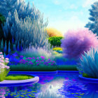 Luminous plants and purple river in vibrant fantasy landscape