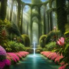 Mystical forest landscape with glowing mushrooms, stream, waterfall, and lush flora