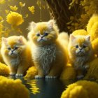 Fluffy golden Persian cats with blue eyes among yellow flowers on dark background