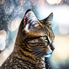 Detailed Tabby Cat Close-Up with Green Eyes on Bokeh Background