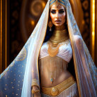 Ornate Bridal Attire with Jewelry, Veil, and Henna Designs