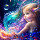 Fantasy illustration of young girl with cosmic nebula hair and bubbles on starry night.