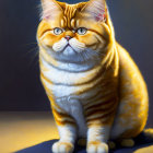 Fluffy orange and white striped cat with large round eyes sitting against a dark background