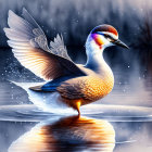 Colorful Bird Illustration Standing in Water with Spread Wings