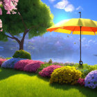 Vibrant outdoor scene with colorful umbrella, cherry tree, flower beds, and serene lake