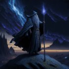 Wizard on Cliff at Night with Magical Staff and Blue Energy