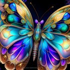 Symmetrical butterfly digital artwork with blue, gold, and purple wings