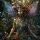 Iridescent butterfly wings on female figure in lush forest scene