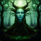 Woman's face melded with tree in mystical image with green skin and branch antlers