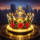 Golden Crown with Red Roses and Feathers on Pedestal in Cityscape Twilight