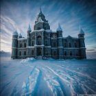 Victorian-style mansion in snowy forest landscape