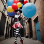 Harlequin costume person with mime face paint holding colorful balloons on cobblestone street