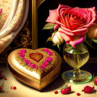 Heart-shaped box and roses beside golden vase and baroque mirror