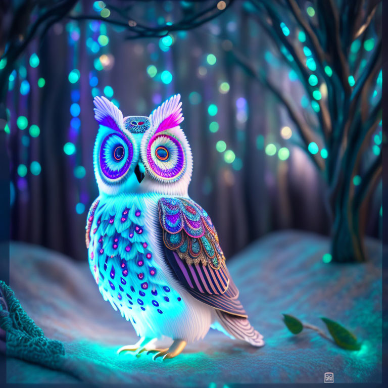 Colorful illuminated owl figurine in blue and purple lights