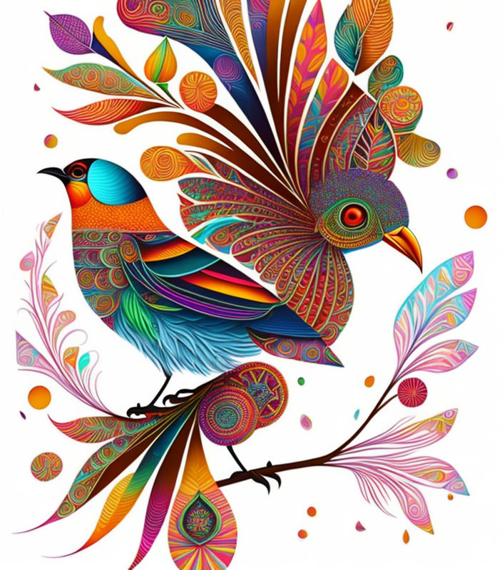 Colorful Stylized Bird Artwork with Intricate Patterns and Whimsical Elements