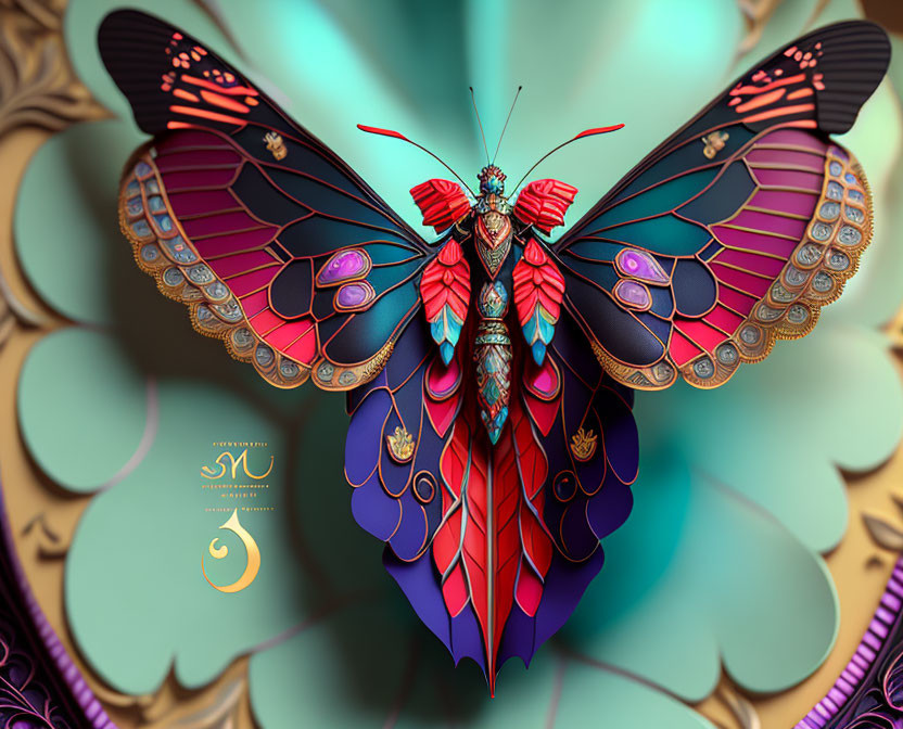 Colorful Butterfly Illustration with Intricate Wings on Teal Background