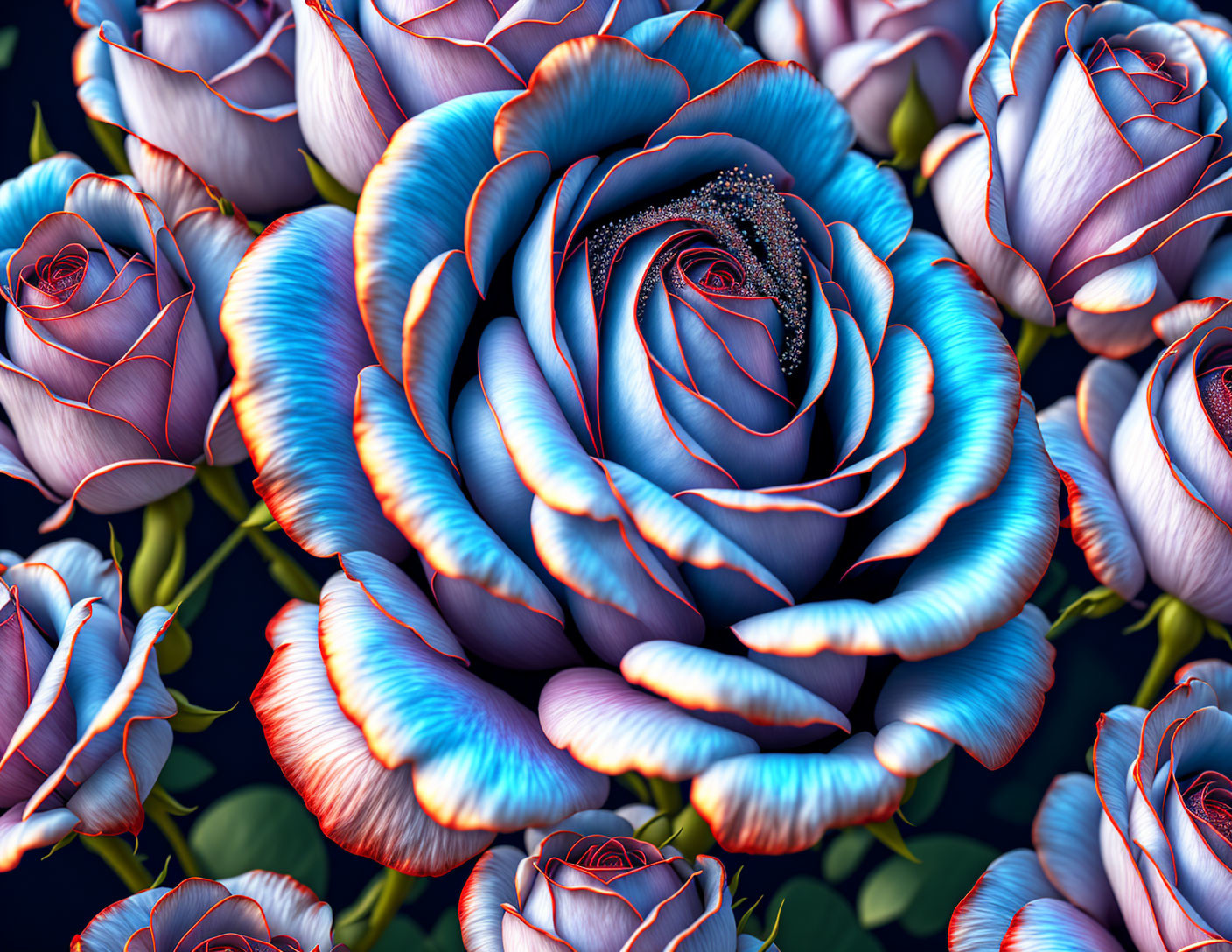 Detailed Close-Up of Vibrant Blue Roses with Pink Edging