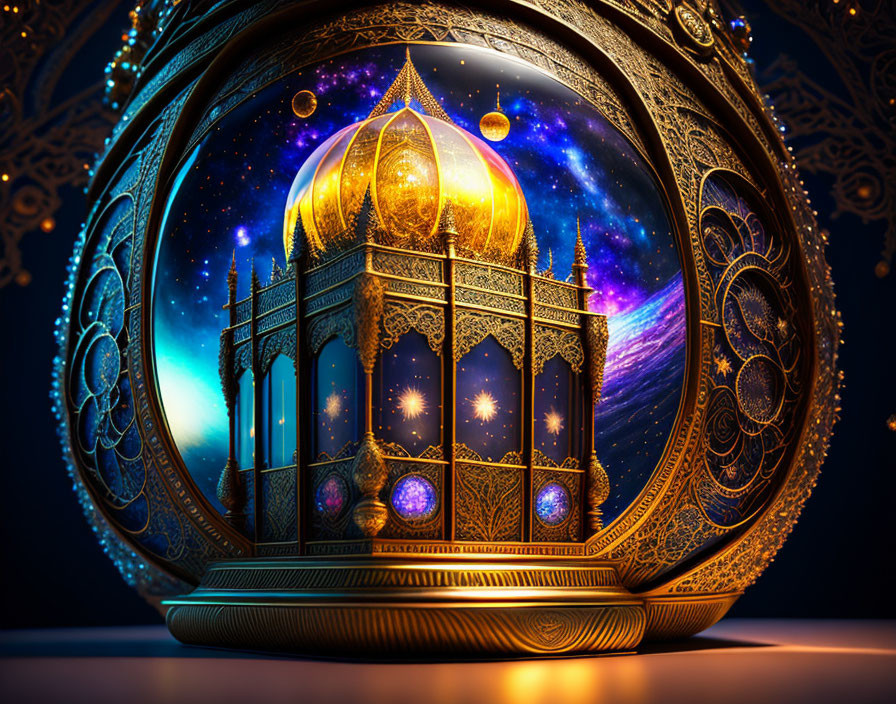 Intricate golden patterns encase mosque against starry night sky