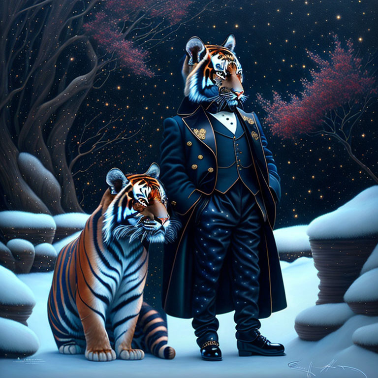 Anthropomorphized tiger in navy officer's uniform with normal tiger in snowy forest.