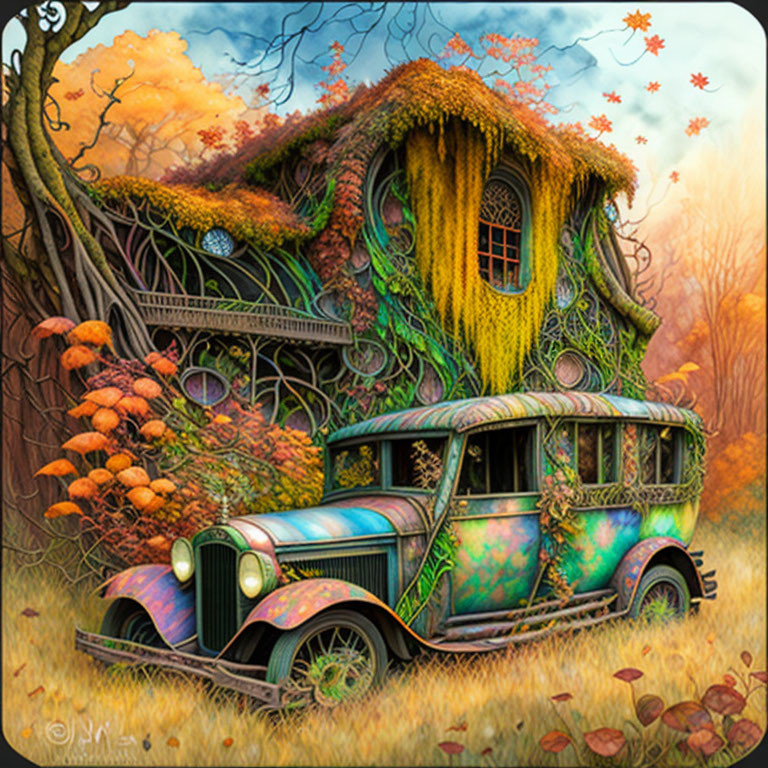 Vintage car and quaint house in autumn forest with falling leaves.