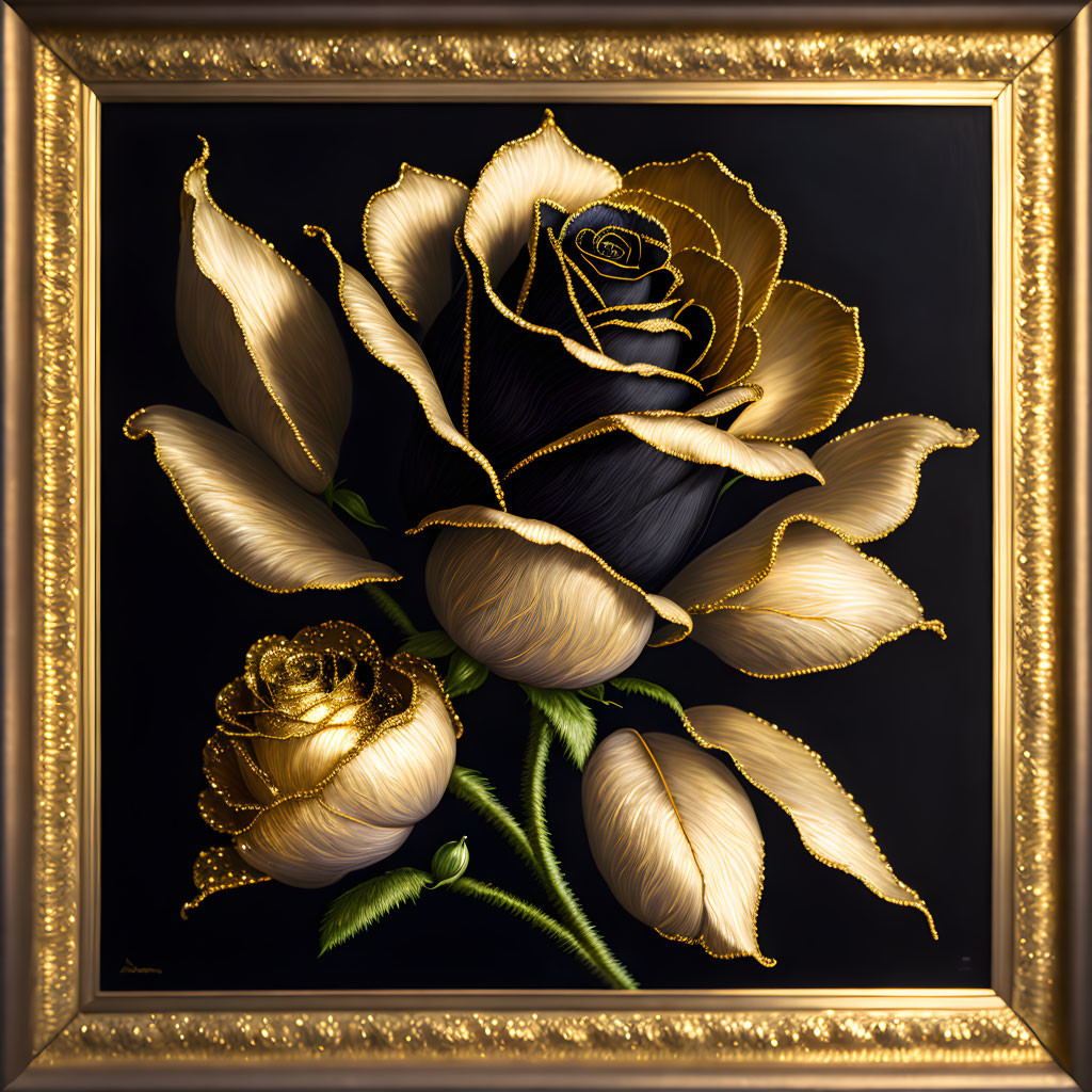 Golden Frame Surrounds Black and Gold Rose Painting on Dark Background