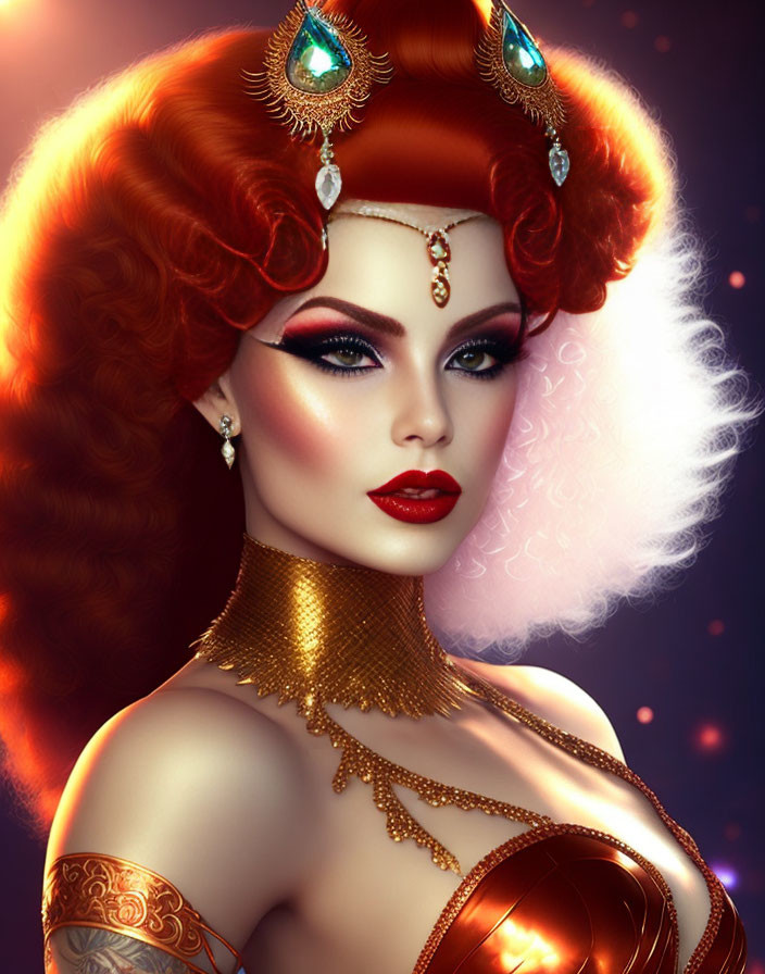 Illustrated woman with red hair, gold and emerald jewelry, dramatic makeup, dark backdrop