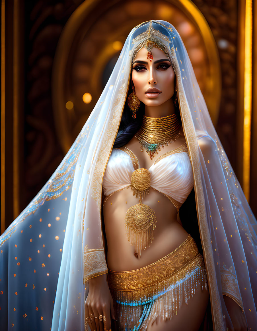 Ornate Bridal Attire with Jewelry, Veil, and Henna Designs