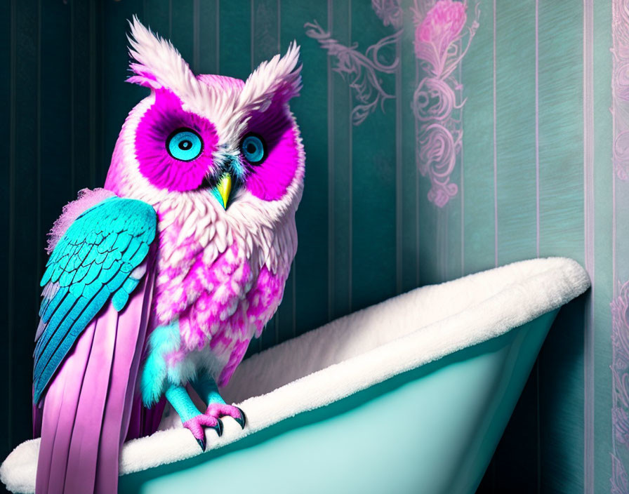 Colorful Purple and Blue Owl with Blue Eyes Perched in Claw-Foot Bathtub